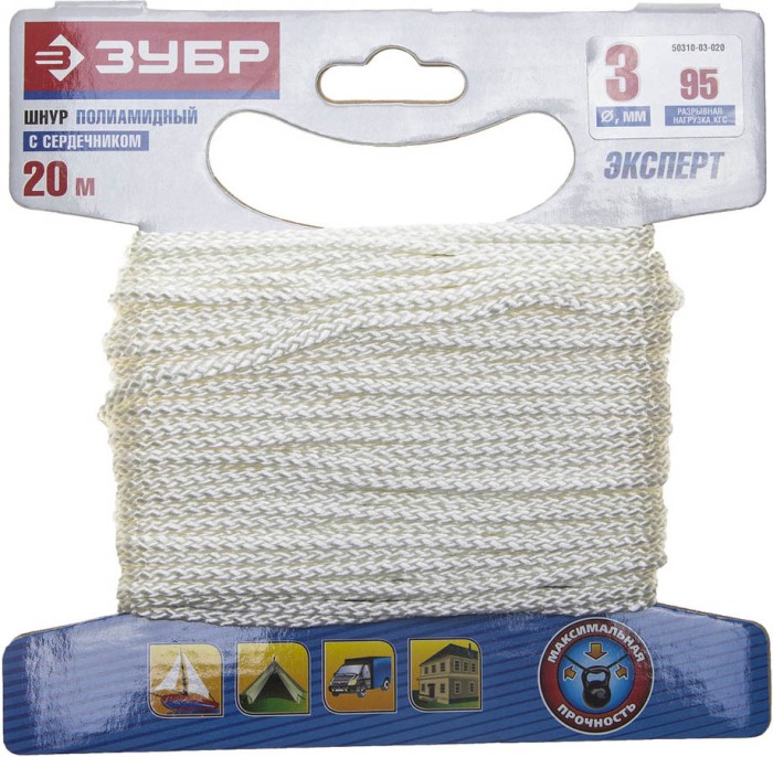 ЗУБР 20 м,  3 мм, плетеный, повышенной нагрузки, с сердечником, белый, шнур полиамидный 50310-03-020