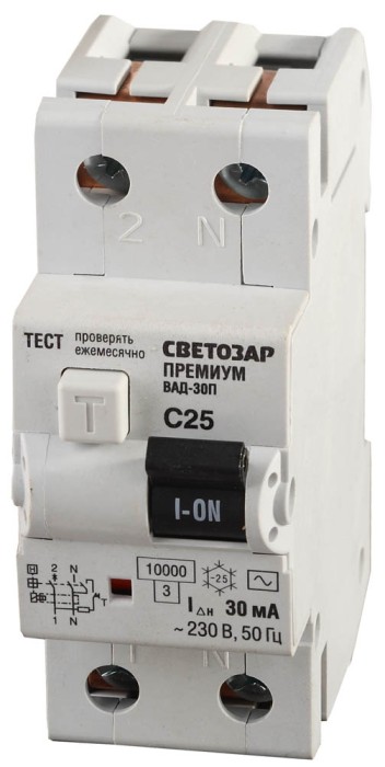 СВЕТОЗАР 25 A, &quot;C&quot;, 400 B, 30 mА, 2 полюса, &quot;AC&quot;, автоматический, выключатель дифференциальный SV-49212-30-25-C