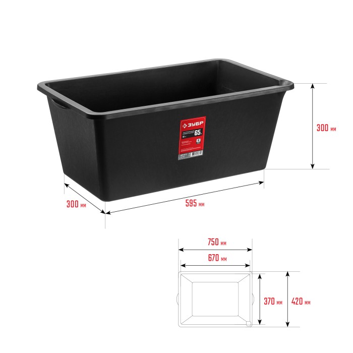 ЗУБР 65 л, 41х71х29 см, пластмассовый, прямоугольный, таз строительный 06097-65_z02