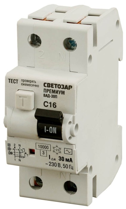 СВЕТОЗАР 16 A, &quot;C&quot;, 400 B, 30 mА, 2 полюса, &quot;AC&quot;, автоматический, выключатель дифференциальный SV-49212-30-16-C