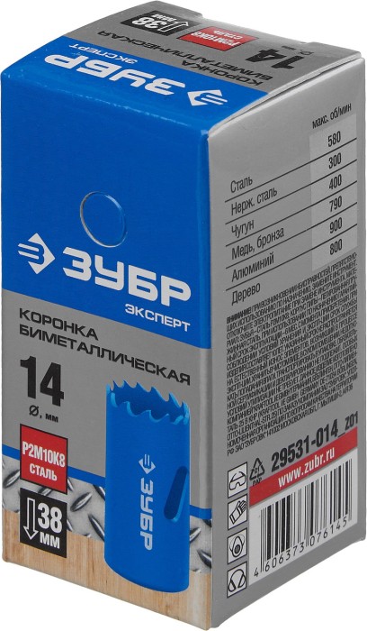 ЗУБР d 14 мм, глубина сверления до 38 мм, коронка биметаллическая 29531-014_z01