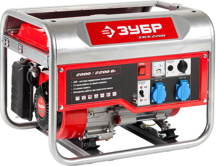 ЗУБР 2/2.2 кВт, однофазный, синхронный, щеточный, генератор бензиновый ЗЭСБ-2200 Мастер