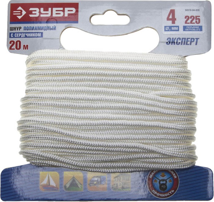 ЗУБР 20 м,  4 мм, плетеный, повышенной нагрузки, с сердечником, белый, шнур полиамидный 50310-04-020
