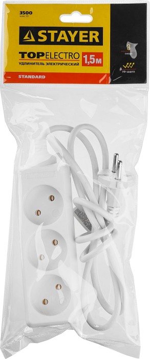 STAYER 1.5 м, 3500 Вт, 3 гнезда, ПВС 2х1, удлинитель электрический бытовой TOPELECTRO 55030-1.5