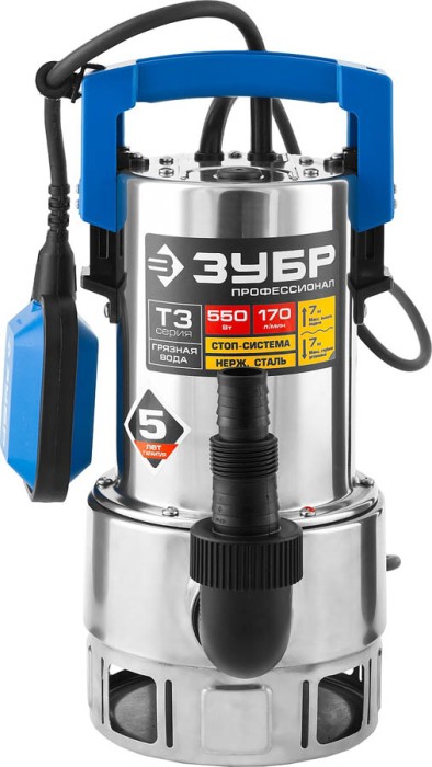 ЗУБР 550 Вт, 170 л/мин, насос погружной дренажный для грязной воды НПГ-Т3-550-С Профессионал