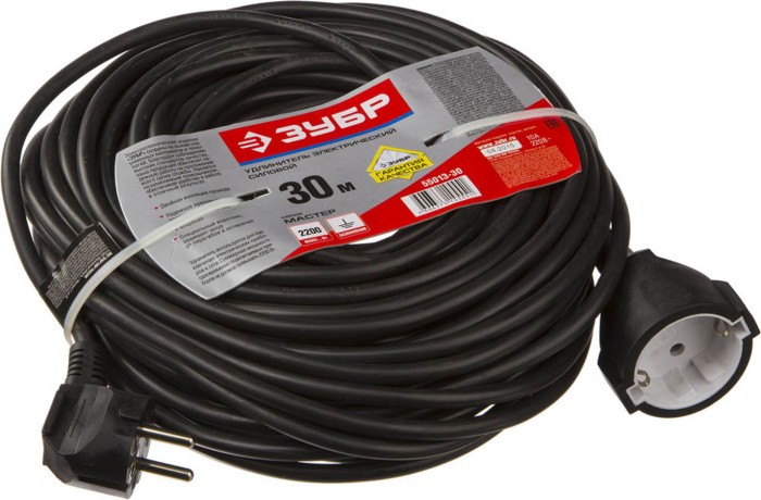 ЗУБР 30 м, 2200 Вт, 1 гнездо, удлинитель электрический силовой 55013-30