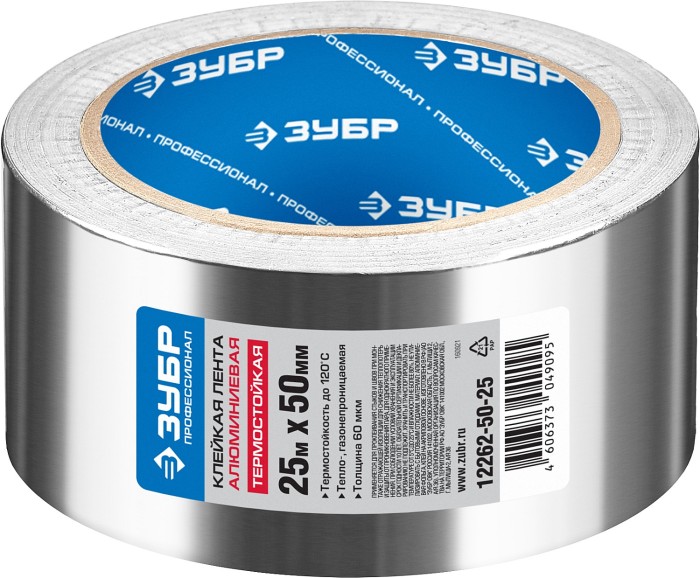ЗУБР 50 мм х 25 м, 60 гр/м2, лента алюминиевая самоклеящаяся (скотч) 12262-50-25 Профессионал