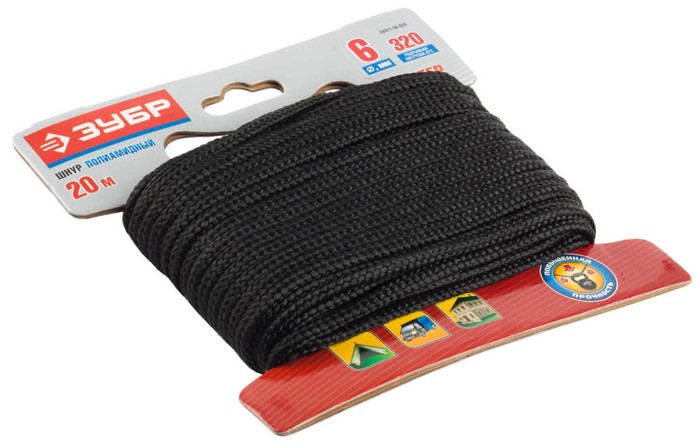 ЗУБР 20 м,  6 мм, плетеный, повышенной нагрузки, без сердечника, черный, шнур полиамидный 50321-06-020