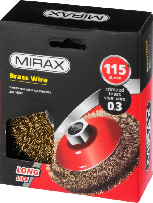 MIRAX Ø 115 мм, витая стальная латунированная проволока 0,3 мм, щетка коническая для УШМ 35143-115