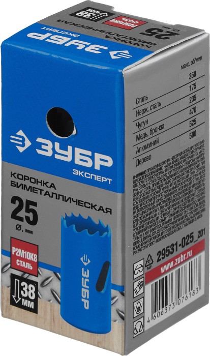 ЗУБР d 25 мм, глубина сверления до 38 мм , коронка биметаллическая 29531-029_z01