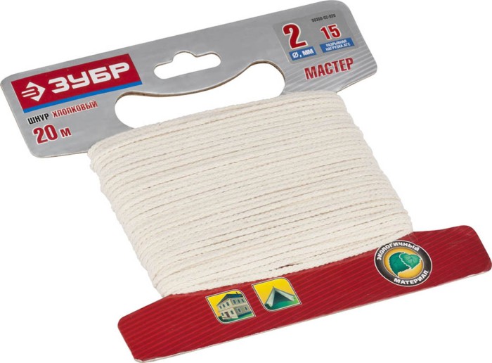 ЗУБР 20 м,  2 мм, плетеный, натуральный, без сердечника, шнур хлопковый  50350-02-020
