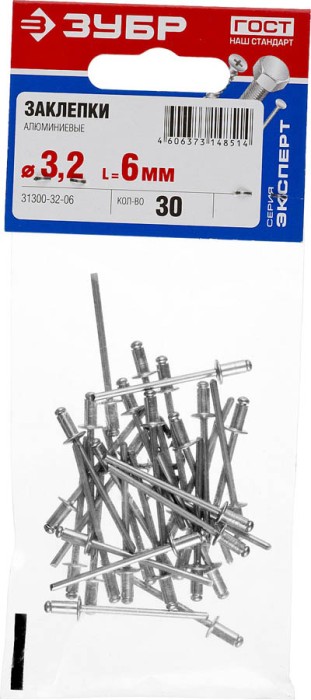 ЗУБР 3.2 х 6 мм, AlMg3, 30 шт., заклепки алюминиевые 31300-32-06