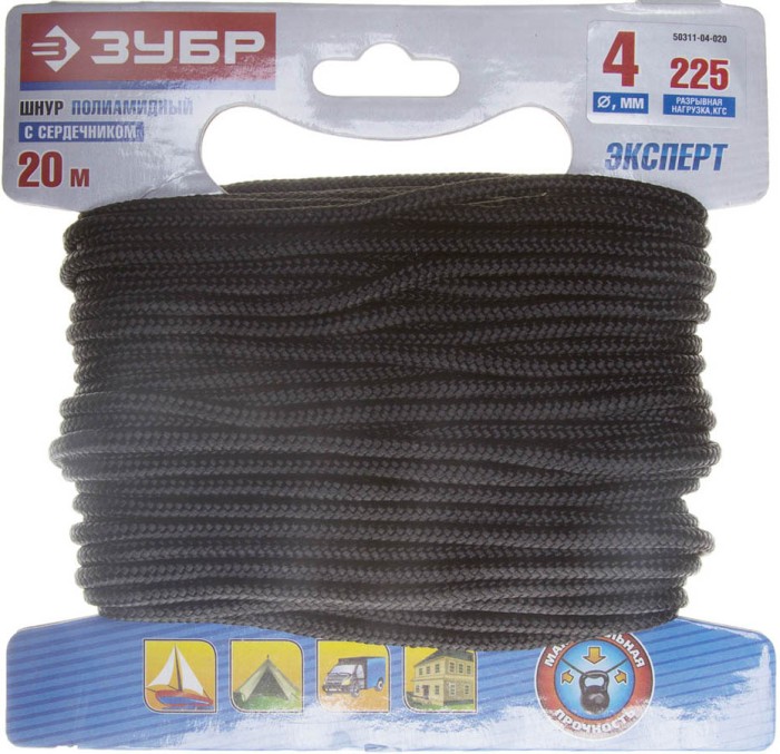 ЗУБР 20 м,  4 мм, плетеный, повышенной нагрузки, с сердечником, черный, шнур полиамидный 50311-04-020