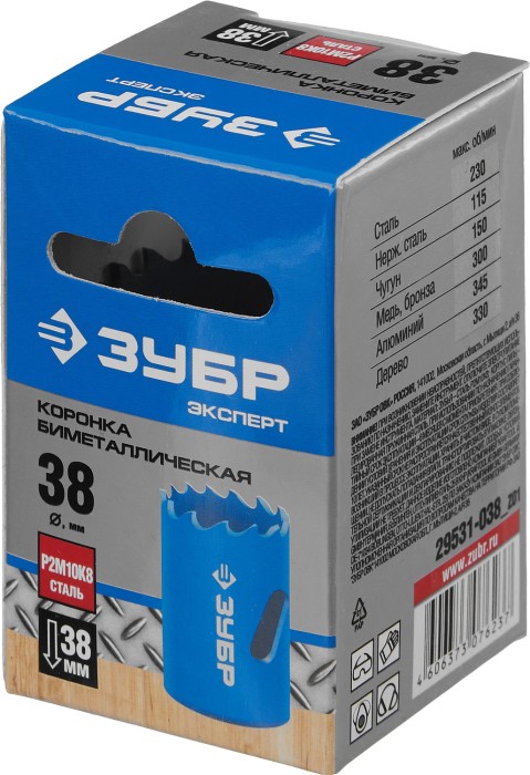 ЗУБР d 38 мм, глубина сверления до 38 мм, коронка биметаллическая 29531-038_z01