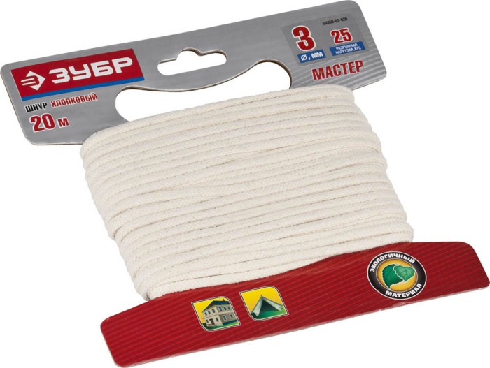 ЗУБР 20 м,  3 мм, плетеный, натуральный, без сердечника, шнур хлопковый  50350-03-020