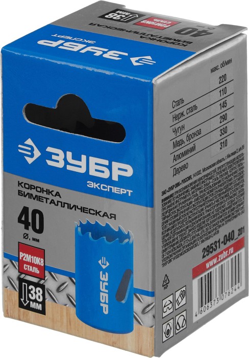 ЗУБР d 40 мм, глубина сверления до 38 мм, коронка биметаллическая 29531-040_z01