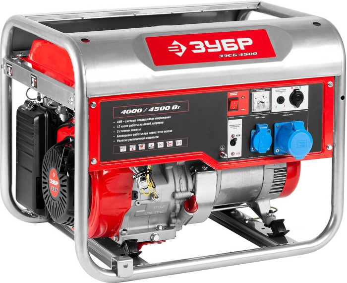ЗУБР 4/4.5 кВт, однофазный, синхронный, щеточный, генератор бензиновый ЗЭСБ-4500 Мастер