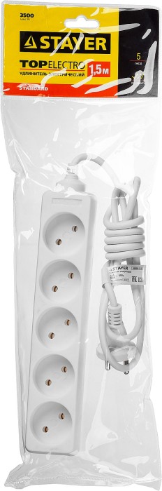 STAYER 1.5 м, 3500 Вт, 5 гнезд, удлинитель электрический бытовой TOPELECTRO 55050-1.5