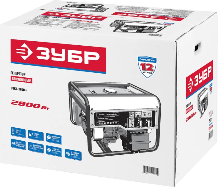 ЗУБР 2.5/2.8 кВт, однофазный, синхронный, щеточный, генератор бензиновый ЗЭСБ-2800-Э