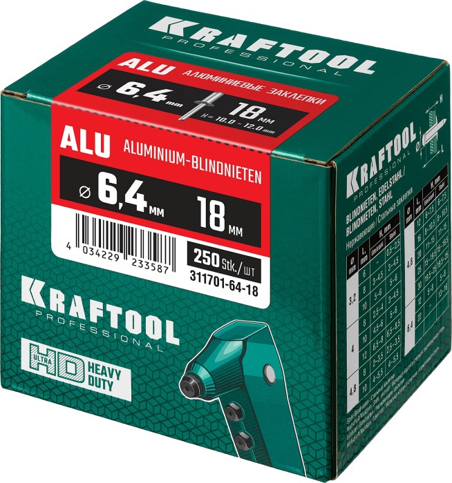 KRAFTOOL 6.4 х 18 мм, 250 шт., алюминиевые заклепки Alu (Al5052) 311701-64-18