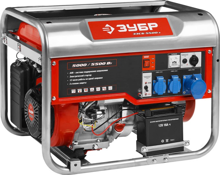 ЗУБР 5/5.5 кВт, однофазный, синхронный, щеточный, генератор бензиновый ЗЭСБ-5500-Э Мастер