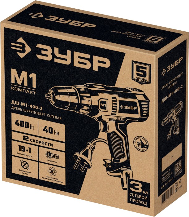 ЗУБР  400 Вт, 40 Нм, сетевая дрель-шуруповерт (ДШ-М1-400-2)