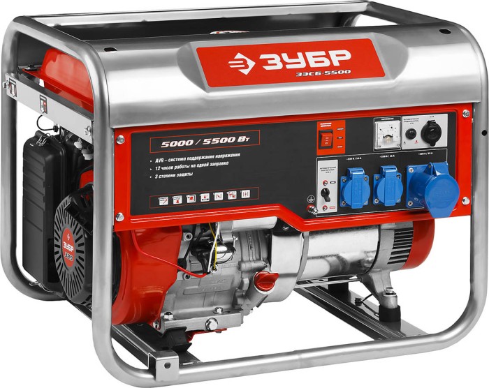 ЗУБР 5/5.5 кВт, однофазный, синхронный, щеточный, генератор бензиновый ЗЭСБ-5500 Мастер