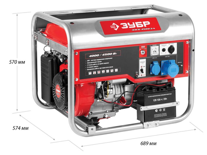 ЗУБР 4/4.5 кВт, однофазный, синхронный, щеточный, генератор бензиновый ЗЭСБ-4500-ЭА Мастер