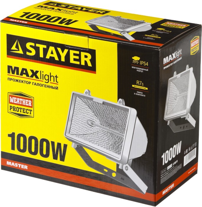 STAYER 1000 Вт, MAXLight, с дугой крепления под установку, белый, прожектор галогенный 57105-W