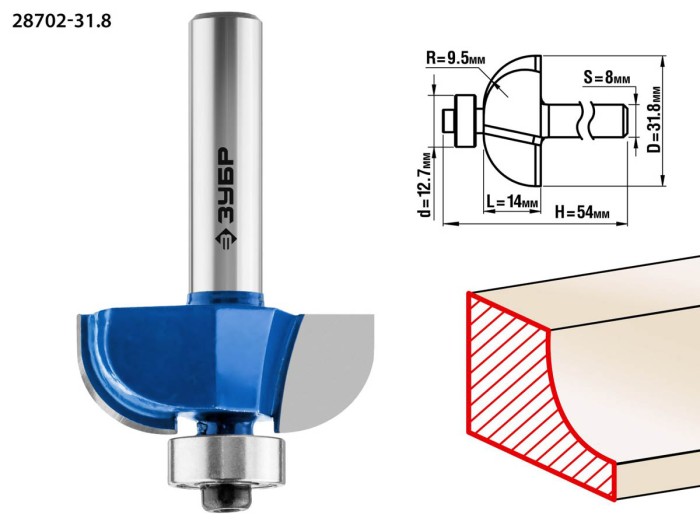 ЗУБР 31.8 x 14 мм, радиус 9.5 мм, фреза кромочная калевочная №2 28702-31.8 Профессионал
