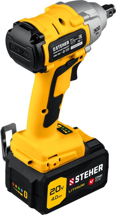 STEHER 20В, Li-Ion, 1 АКБ (4Ач), бесщеточный, аккумуляторный гайковерт ударный, кейс CWB-300-1