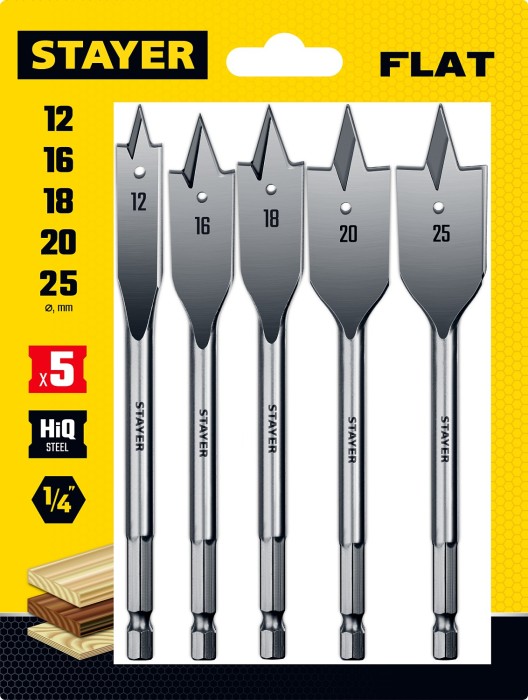 STAYER 5 шт., Ø 12-16-18-20-25 мм, набор перовых сверл по дереву 2950-H5
