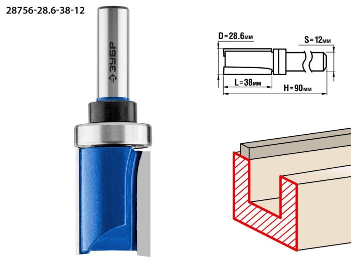 ЗУБР 28.6 x 38 мм, хвостовик 12 мм, фреза пазовая прямая с верхним подшипником 28756-28.6-38-12 Профессионал