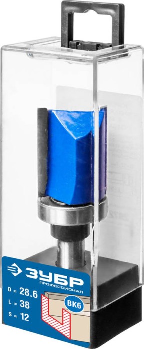 ЗУБР 28.6 x 38 мм, хвостовик 12 мм, фреза пазовая прямая с верхним подшипником 28756-28.6-38-12 Профессионал