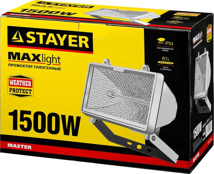 STAYER 1500 Вт, MAXLight, с дугой крепления под установку, белый, прожектор галогенный 57107-W
