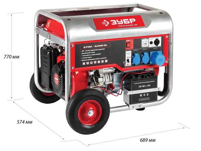 ЗУБР 5.7/6.2 кВт, однофазный, синхронный, щеточный, генератор бензиновый ЗЭСБ-6200-ЭН