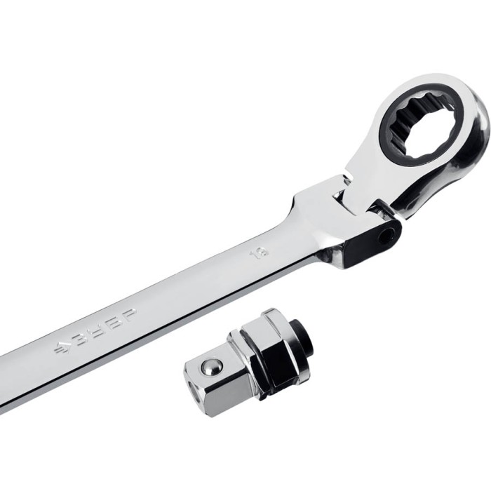 ЗУБР 10 шт, 8 - 19 мм,  набор комбинированных гаечных ключей трещоточных шарнирных с  адаптерами 27