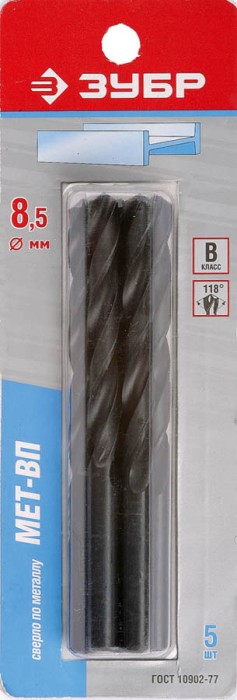 ЗУБР 5 шт., Ø 8.5 х 117 мм, сталь Р4М2, сверло по металлу парооксидированное 4-29605-117-8.5-K5 Техник