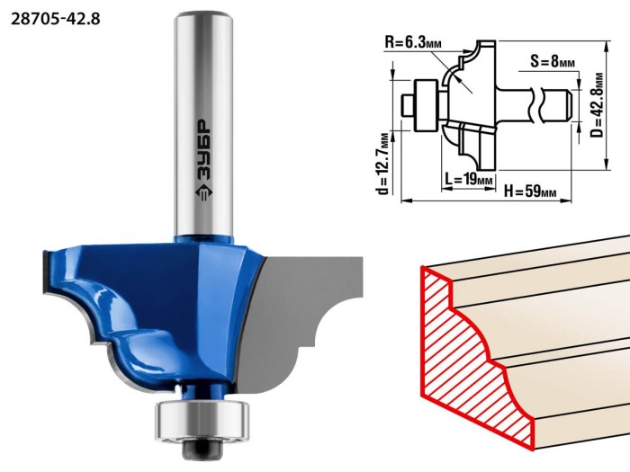 ЗУБР 42.8 x 19 мм, радиус 6.3 мм, фреза кромочная калевочная №4 28705-42.8 Профессионал