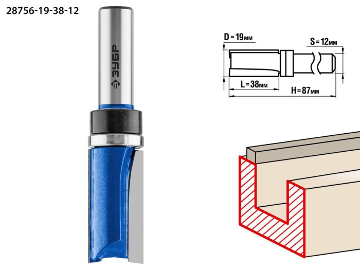 ЗУБР 19 x 38 мм, радиус 12 мм, фреза пазовая галтельная 28756-19-38-12 Профессионал