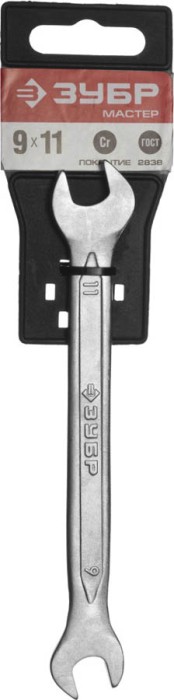 ЗУБР 9х11 мм, Cr-V сталь, хромированный, гаечный ключ рожковый 27010-09-11 Мастер