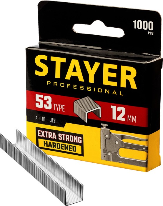 STAYER скобы тип 53 (A / 10 / JT21), 12  мм, 1000 шт., закаленные, особотвердые, скобы для степлера тонкие 3159-12_z02 Professional