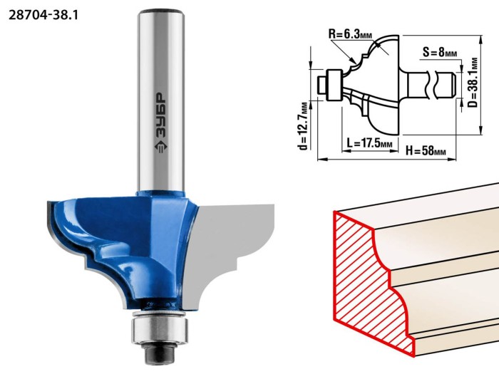ЗУБР 38.1 x 17.5 мм, радиус 6.3 мм, фреза кромочная калевочная №3 28704-38.1 Профессионал