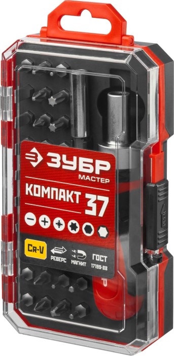 ЗУБР 37 шт, отвертка реверсивная с насадками 25164-H37 Мастер