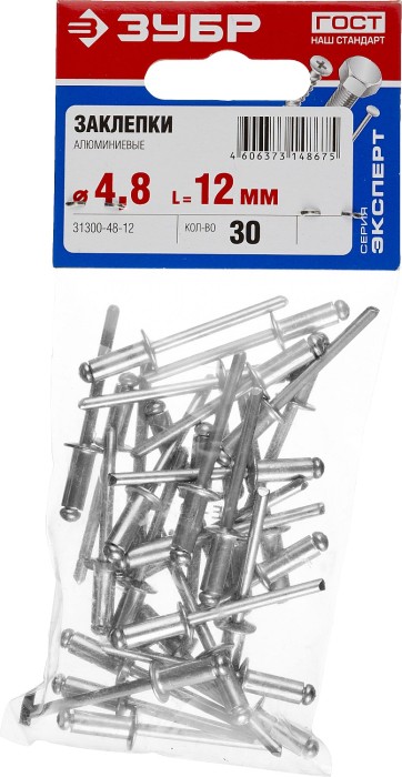 ЗУБР 4.8 х 12 мм, AlMg3, 30 шт., заклепки алюминиевые 31300-48-12