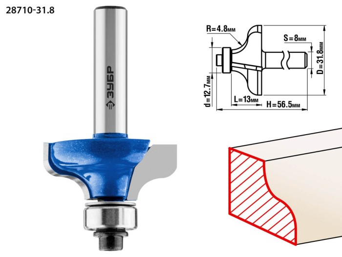 ЗУБР 31.8 x 13 мм, радиус 4.8 мм, фреза кромочная калевочная №8 28710-31.8 Профессионал