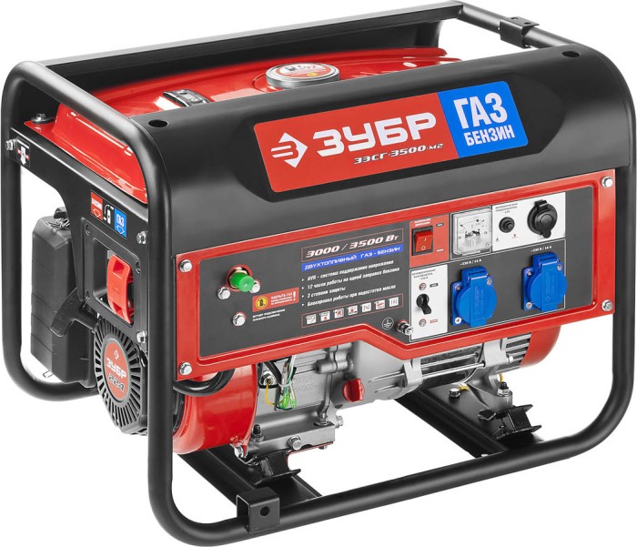 ЗУБР 3/3.5 кВт, однофазный, синхронный, щеточный, генератор комбинированный бензин-газ ЗЭСГ-3500-М2 Мастер