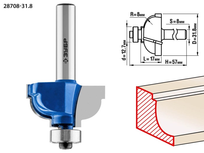 ЗУБР 31.8 x 17 мм, радиус 8 мм, фреза кромочная калевочная №7 28708-31.8 Профессионал
