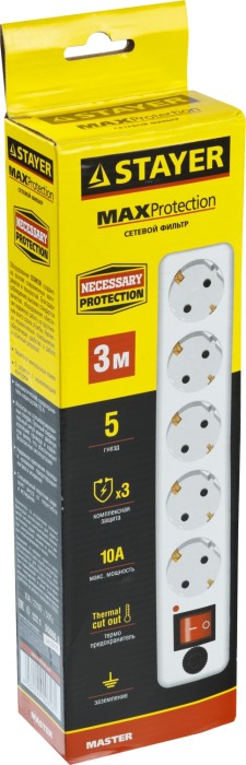 STAYER 3 м, 2500 Вт, 5 гнезд, фильтр сетевой 55066-3