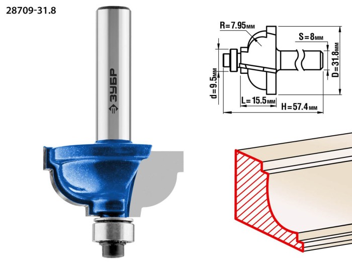 ЗУБР 31.8 x 15.5 мм, радиус 7.95 мм, фреза кромочная калевочная №7 28709-31.8 Профессионал